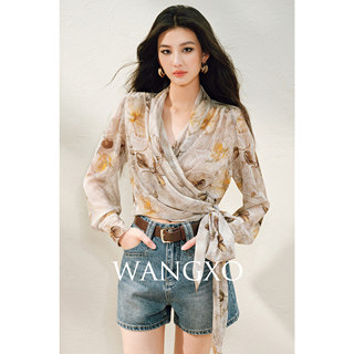 Wangxo｜Silky Smooth Flowing Georgette｜Vine Geometric Print｜Ribbon Wrap Twist Shirt