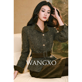 Wangxo｜Luxurious Herringbone Wool with Shiny Silk and Chenille | Belted Slim-Fit Vintage Short Coat