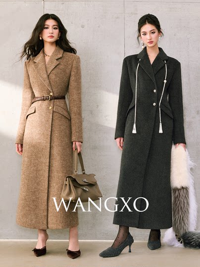 Wangxo｜High-Density Australian Imported Wool Blend｜Wide Shoulder Lapel 2-Button Waist-Cinching Long Wool Coat