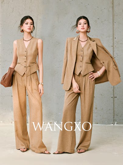 Wangxo｜High-End Tencel Linen Spliced with Acetate Satin｜Blazer & Belted Vest & Pleated Straight-Leg Pants
