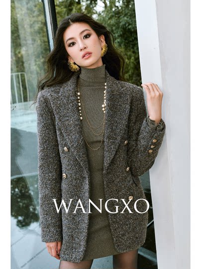 Wangxo｜High-Density Wool Floral Yarn Looped Woolen Fabric｜Notched Lapel Double-Breasted Double-Pocket Waist-Cinching Blazer