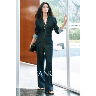 WANGXO｜盛夏刚需｜奢贵银丝凉爽天丝｜复古原色收腰衬衫牛仔套装