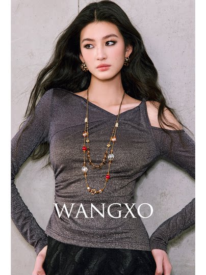 Wangxo[01/20 20:00Pm New Arrival 5% off]Fake Two-Piece Twisted Asymmetrical Shoulder Shiny Knit Top