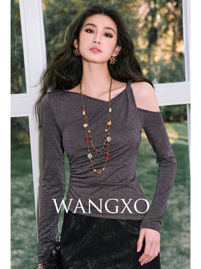 Wangxo[01/20 20:00Pm New Arrival 5% off]Fake Two-Piece Twisted Asymmetrical Shoulder Shiny Knit Top