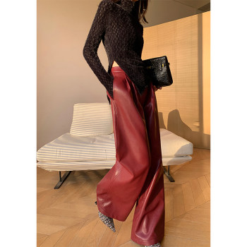 WANGXO red retro PU leather pants women's spring 2023 new high-waisted wide-leg pants casual straight-leg mopping trousers