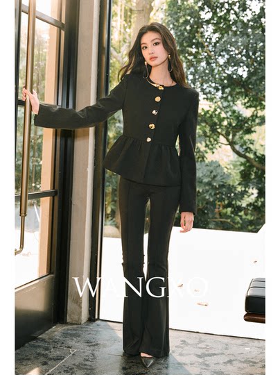 Wangxo｜Premium Custom-Woven Woolen Fabric｜Floral Waist-Cinching Irregular Buttoned Round-Neck Short Coat