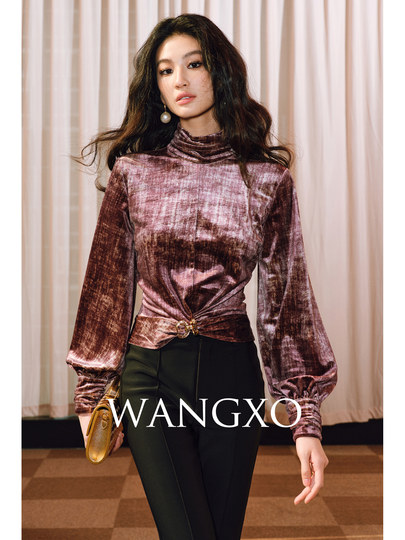 Wangxo｜Quiet Luxury Masterpiece with Gradient Velvet｜Cross-Twisted Deconstructed Design｜Pleated High-Neck Elegant Knit Top
