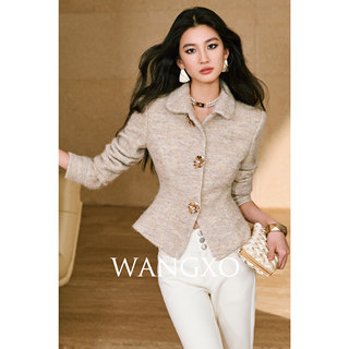 Wangxo｜Luxurious Shiny Silk Wool Fluffy Boucle Fabric｜Decorative Pin Flower Classic Waist-Cinching A-Line Short Coat