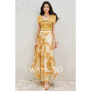 Wangxo｜Cotton Gauze Crepe Satin with Three-Dimensional Color Treatment｜Imaginative Floral Hand-Embroidered Belt｜Gorgeous Large A-Line Skirt