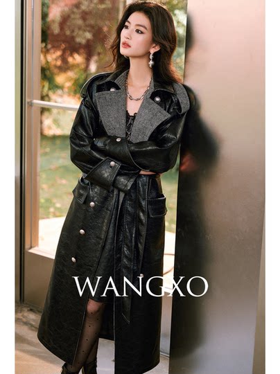 WANGXO Retro cracked environmentally friendly leather and twill wool lapel double-breasted quilted long leather jacket