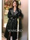 WANGXO Retro cracked environmentally friendly leather and twill wool lapel double-breasted quilted long leather jacket