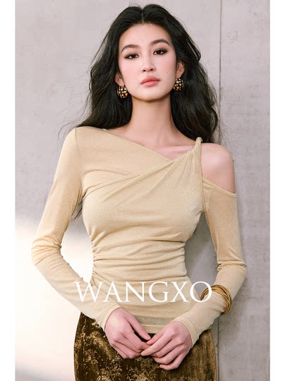 Wangxo[01/20 20:00Pm New Arrival 5% off]Fake Two-Piece Twisted Asymmetrical Shoulder Shiny Knit Top
