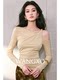 Wangxo[01/20 20:00Pm New Arrival 5% off]Fake Two-Piece Twisted Asymmetrical Shoulder Shiny Knit Top