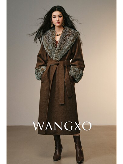 Wangxo｜Dense Looped Wool Fabric｜Heavyweight Fur Collar｜Layered Tie-Up Silhouette Lapel Coat