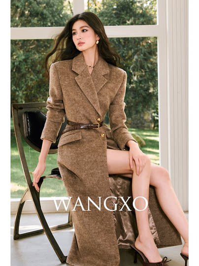Wangxo｜High-Density Australian Imported Wool Blend｜Wide Shoulder Lapel 2-Button Waist-Cinching Long Wool Coat