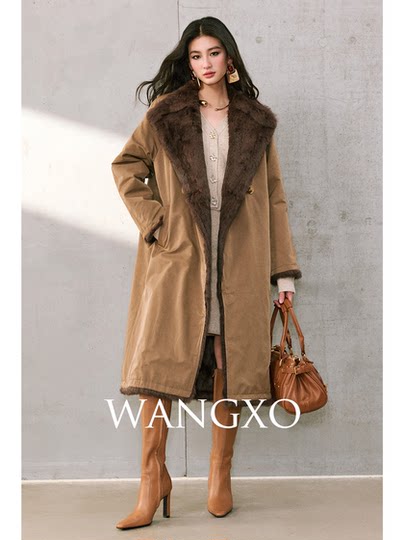 Wangxo｜Heavyweight Full-Length Rabbit Fur & Crisp Cotton Material｜Reversible Large Lapel Long Fur Coat