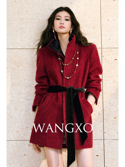 Wangxo｜Cloud-Like Fluffy Wool Loop Fabric｜Color-Blocked Velvet Triangular Lapel Belt H-Shaped Coat