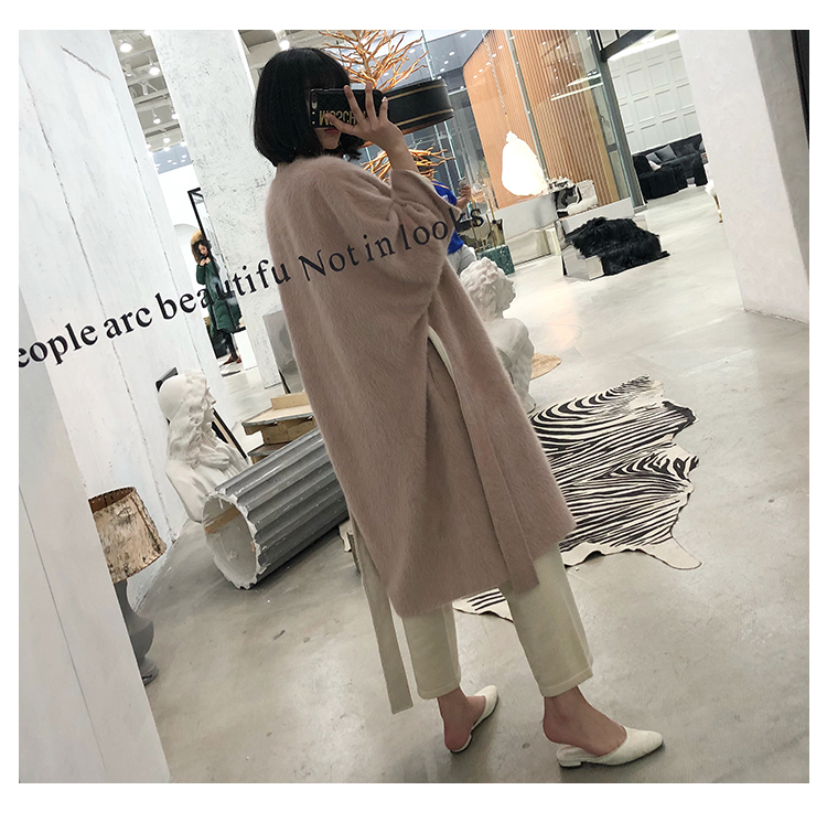 WANGXO áo khoác nhung màu hồng nữ dài phần dày 2018 mới rộng eo 开 áo khoác len mùa đông áo dạ tweed dáng dài