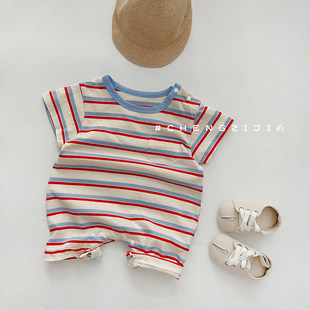 Мальчиков летний костюм цветные полоски короткий рукав одежда ребенок корейский комбинезон одежда Иностранная фракция девушка тонкая модель ползунки прилив