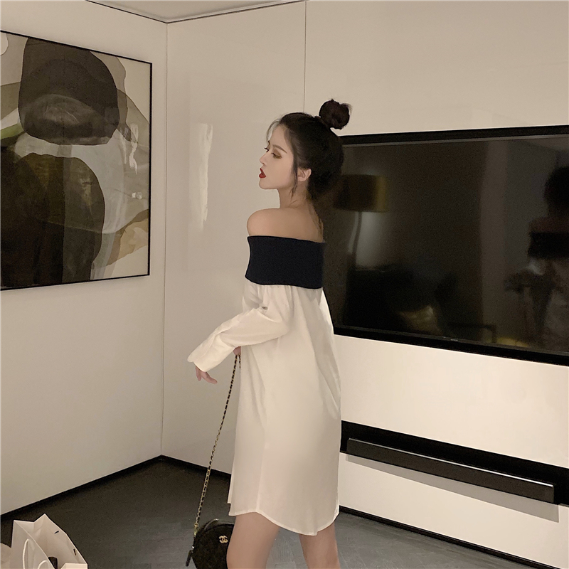 VK旗艦店 韓國風拼接一字領設計感長袖上衣