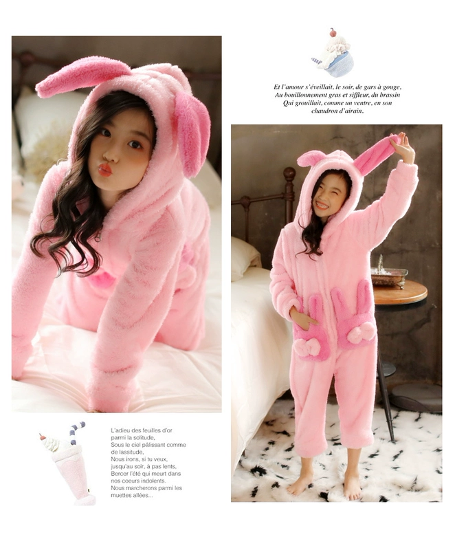 Bộ đồ ngủ trẻ em Siamese Coral Velvet Winter Winter Girl Baby Anti-Kicking Home Service Girls Flannel