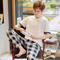 Mens pajamas Short-sleeved trousers pure cotton summer summer thin section teen student mens cotton home wear set