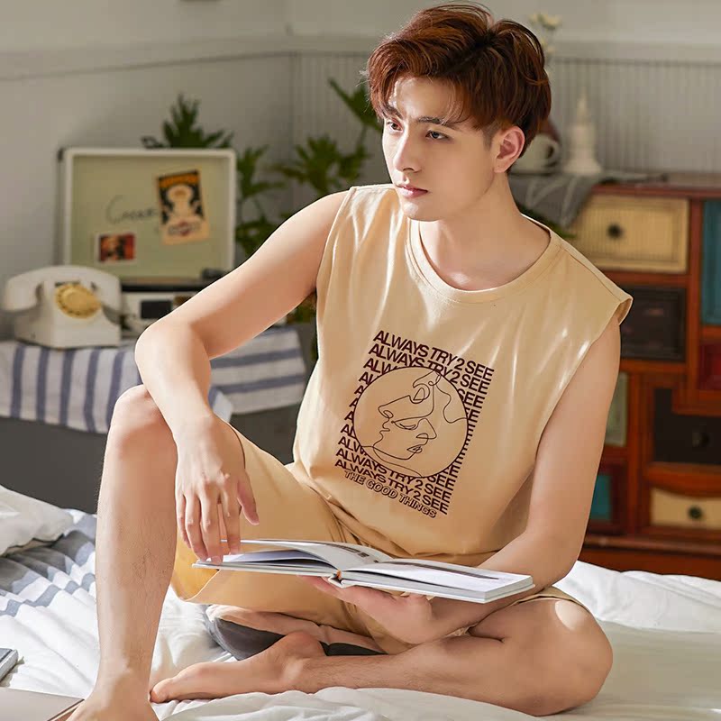 Bộ đồ ngủ Mens mùa hè không tay bông bông Summer Teen Fashion Trend Net Red Home Mang thể thao Kit.