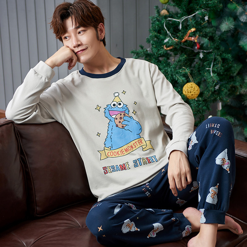 Spring and autumn men's pajamas long-sleeved cotton youth student men's cotton autumn thin autumn and winter home clothes