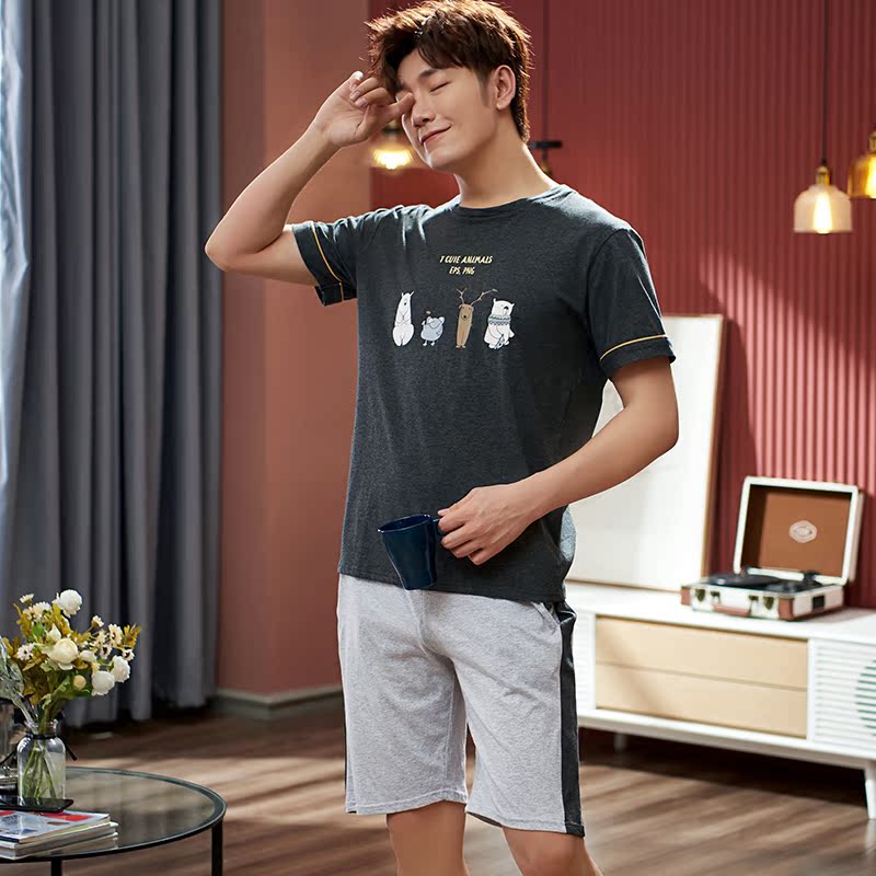 Bộ đồ ngủ mens quần short mùa hè mỏng bộ trẻ phù hợp với gia đình người đàn ông rời mùa hè kích thước lớn đặt bông.