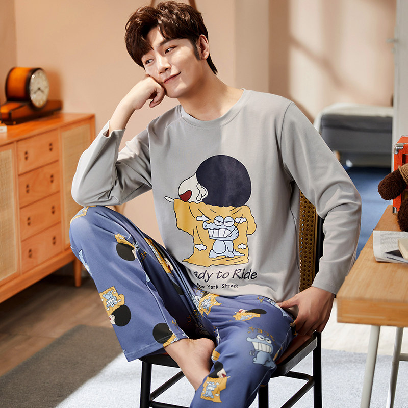 Men's pajamas long-sleeved cotton spring and autumn student thin section youth cotton men's autumn and winter home wear suit