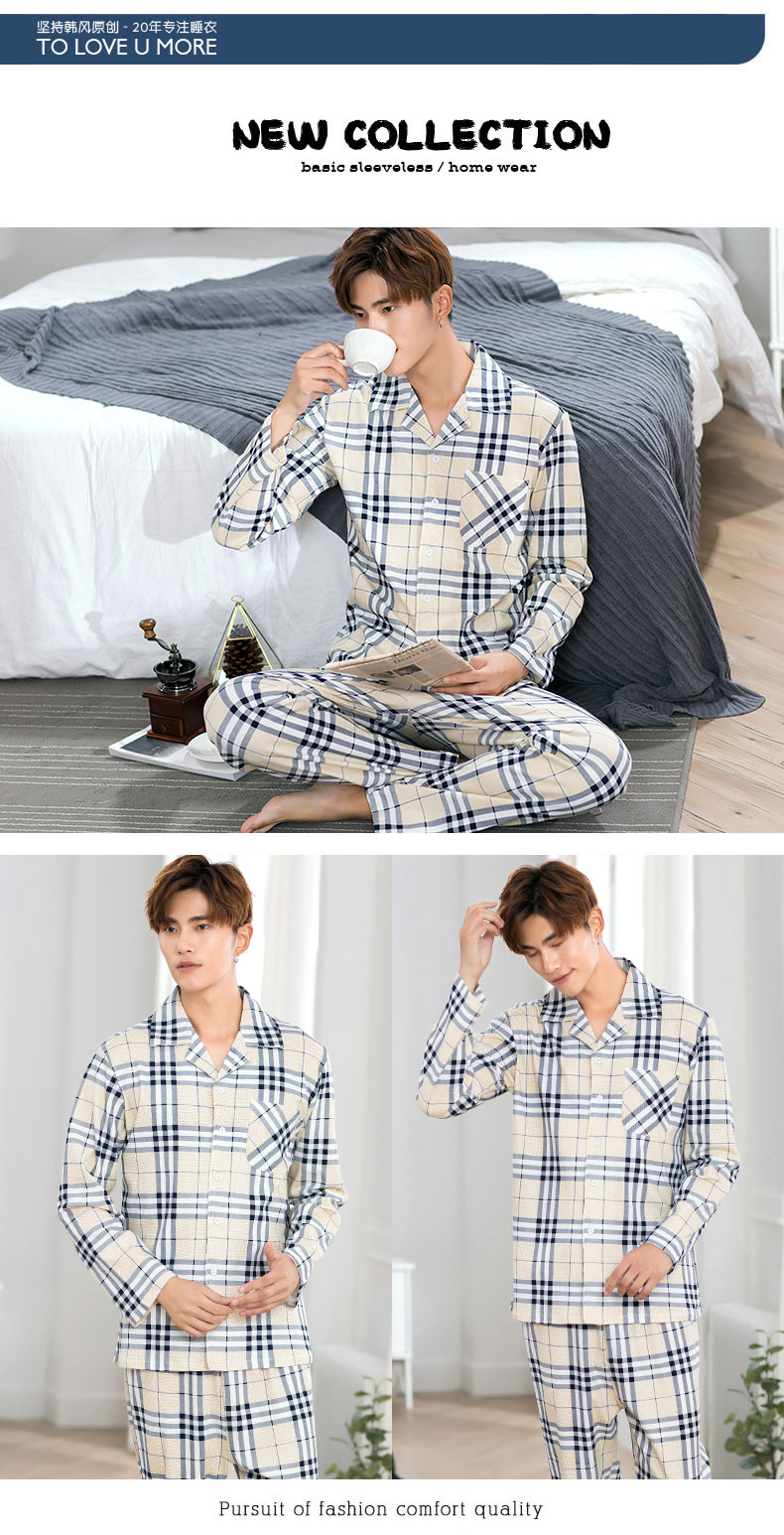 Đồ ngủ nam dài tay cotton mùa hè xanh trung niên mùa xuân và mùa thu nam đồ ngủ cotton-phong cách phần mỏng nhà thường dịch vụ phù hợp với