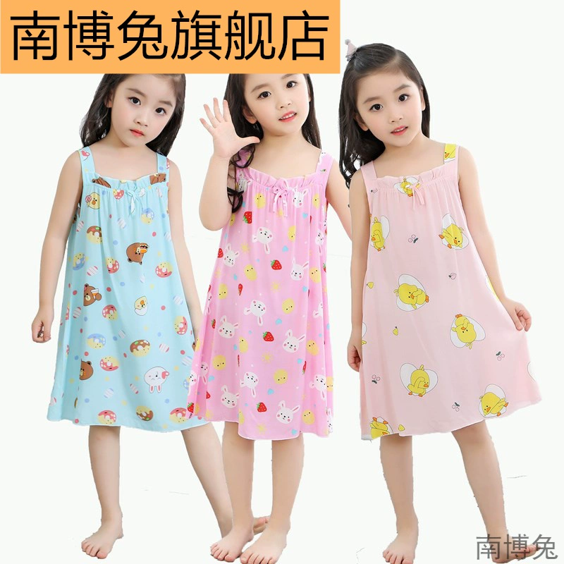 Váy ngủ cotton lụa dành cho trẻ em mùa xuân và mùa hè kiểu mỏng phục vụ tại nhà cho nữ kích thước trẻ em váy cotton nhân tạo công chúa đồ ngủ - Đêm đầm