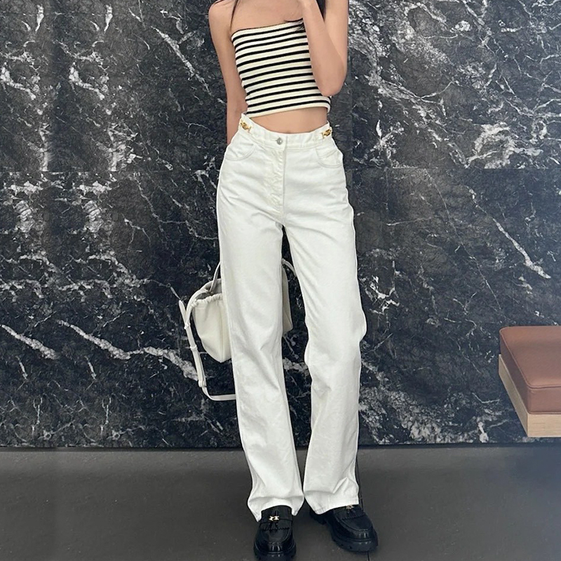 Dph Nice~Fashionable Item Ce~Arc De Triomphe Double-Button Waist Chain White Jeans for Women, High-Waisted Slimming Straight-Leg Pants