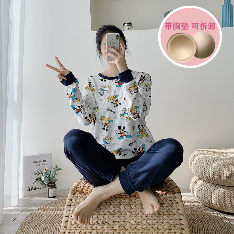 Breast pajamas female spring cuff cotton Korean version cute cartoon Mickey leisure outdoor suit