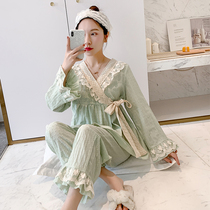 Spring and autumn princess pajamas womens pure cotton gauze long-sleeved Japanese kimono cute girl lace lace loose home service