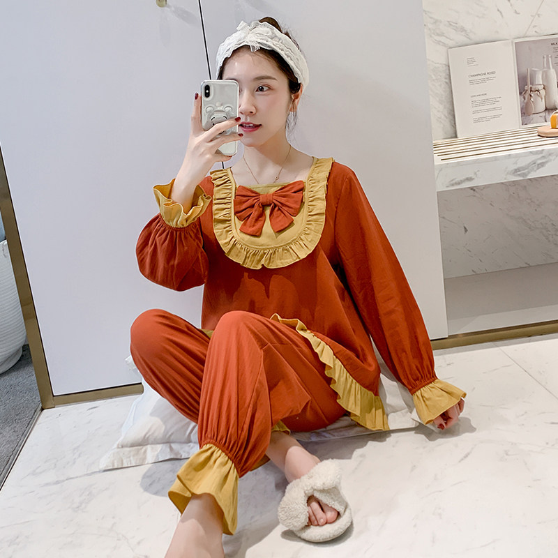 Spring and autumn Korean style pajamas women's long-sleeved cotton Japanese princess sweet bow loose student home service suit