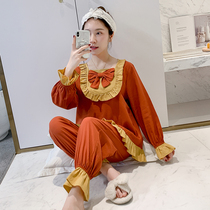 Spring and autumn Korean style pajamas womens long-sleeved cotton Japanese princess sweet bow loose student home service suit