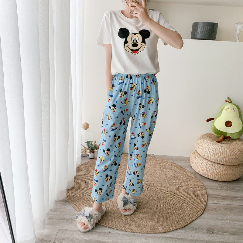 Short-sleeved trousers pajamas women's chest pad summer cotton loose casual cartoon Mickey students can wear home clothes
