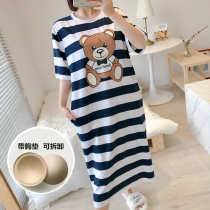 Short-sleeved nightdress female summer cotton with chest pad long knee loose size cute student Korean pajamas home clothes