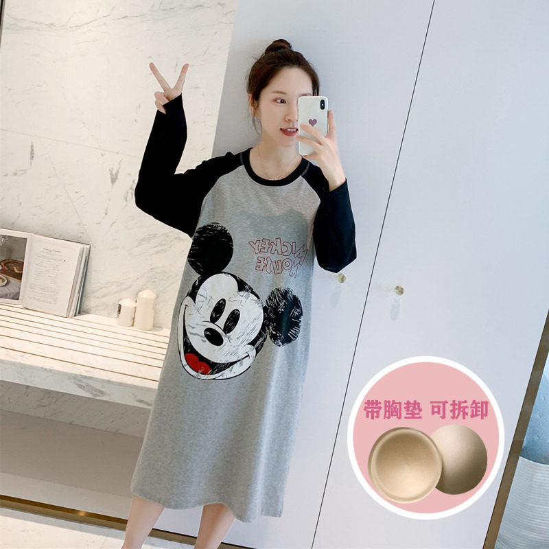 Long-sleeved cotton nightdress with chest pad pajamas women's spring and autumn Korean version loose large size cartoon Mickey student home service
