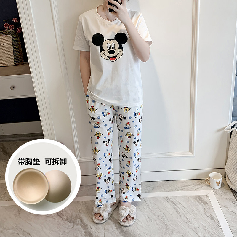 INS Korean version of short-sleeved cotton trousers cartoon Mickey with chest pad pajamas female summer cute casual home clothes suit