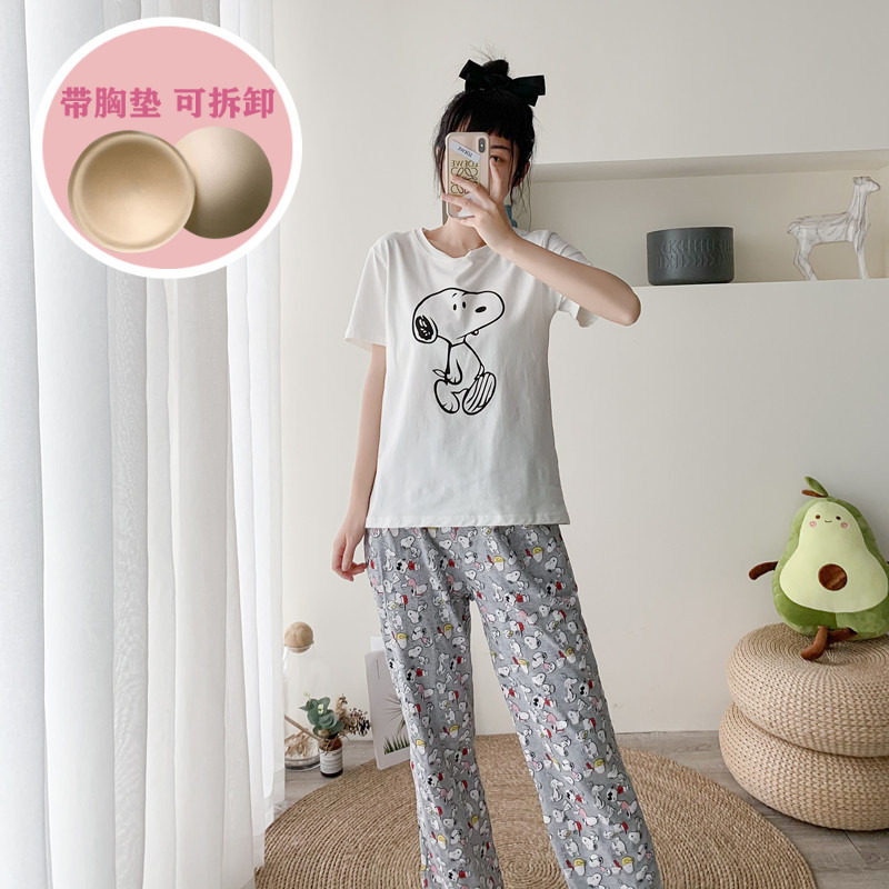 Pajamas women's summer short-sleeved trousers cotton cartoon Snoopy cute student girl home service suit