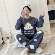 Korean version of soft pajamas womens autumn and winter thick wool knitted cute sweet student coral fleece pajamas set