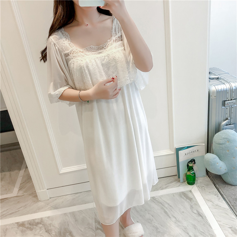 Lace mesh modal lined Princess nightgown female summer Korean sweet cute loose large size pajamas home clothes