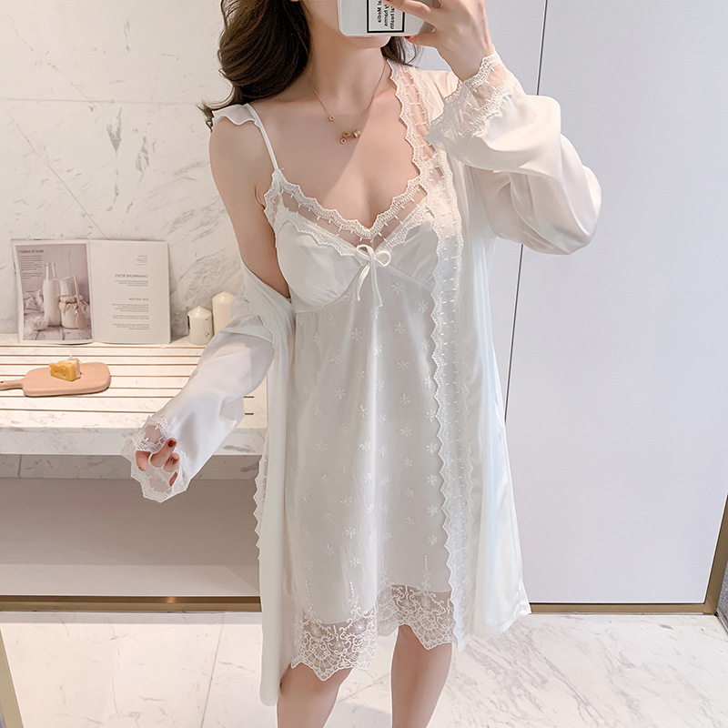 Spring and summer women's pajamas with chest pad silk ice silk lace sexy V-neck suspender nightdress princess two-piece home service