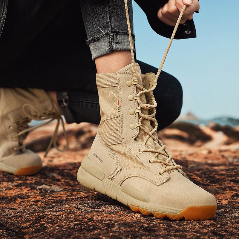 Xiang Guan High Cylinder Mountaineering Shoes Women Waterproof Non-slip Breathable Outdoor Shoes Men Mountain Shoes Genuine Leather Desert Boots Hiking Shoes