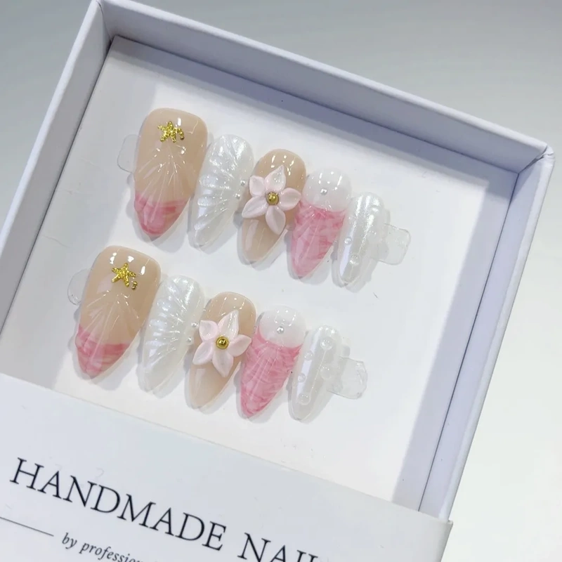 Purely Hand-Carved Almond-Shaped Wearable Nail Tips, Shell Ocean Nail Stickers, Holiday Style Removable Fake Nails Purely Hand-Carved Almond-Shaped Wearable Nail Tips, Shell Ocean Nail Stickers, Holiday Style Removable Fake Nails