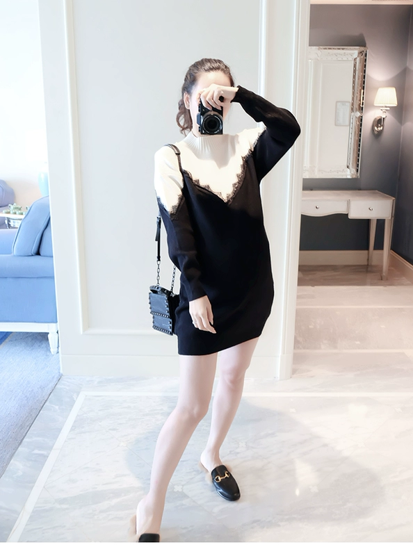 Phụ nữ mang thai mùa thu đông mới 2018 Phụ nữ mang thai hoang dã mùa thu đông dài tay áo len cổ lọ