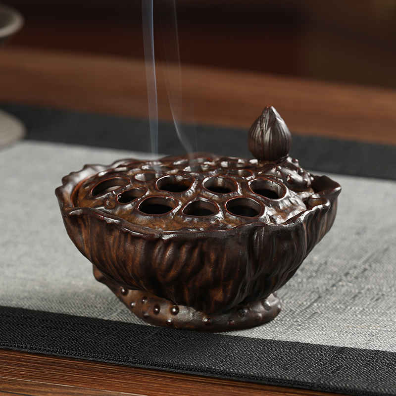 禅意复古莲蓬香薰炉家用檀香盘香炉陶瓷茶道摆件香道打篆用品沉香