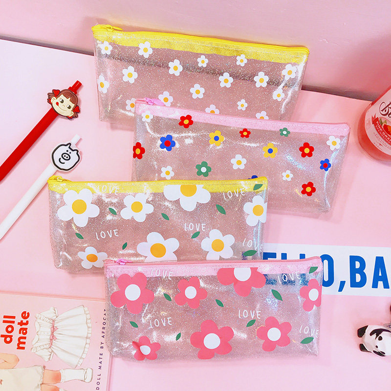 Day Ensemble Cute Little Fresh Flowers Brief Bright Shiny Pen Bag Students Large Capacity Teenage Girl Stationery Bag Pencil Bag